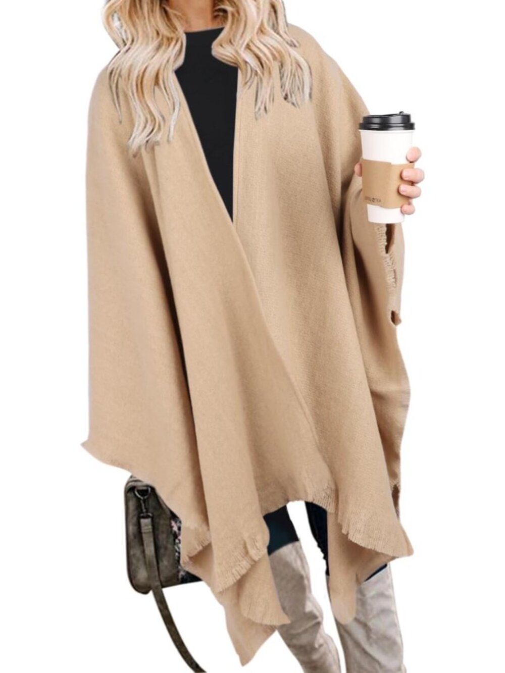 Women's Boho Open Front Poncho Knitted Plaid Shawl Wrap Cape Tassel Cardigan Swe
